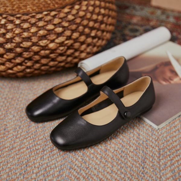 Vanessas Flat Heels Retro Square Toe Genuine Leather Women Shoes