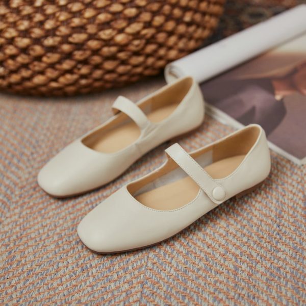 Vanessas Flat Heels Retro Square Toe Genuine Leather Women Shoes