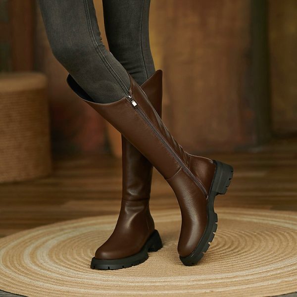 Vanessa's Autumn Winter Square Heel Knee High Boots Leather Slip On Platform Women Shoes