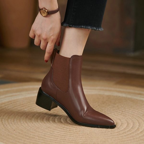 Vanessa's Pointed Toe Square Heel Autumn Winter Women Shoes Genuine Leather Fashion Platform Slip On Ankle Boots