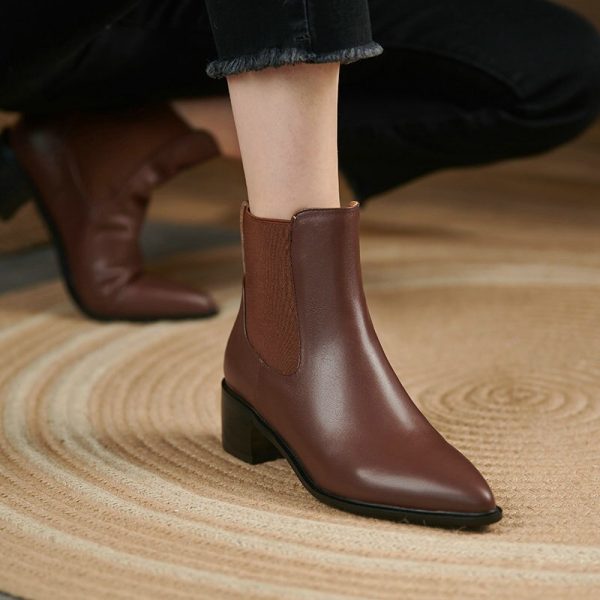 Vanessa's Pointed Toe Square Heel Autumn Winter Women Shoes Genuine Leather Fashion Platform Slip On Ankle Boots