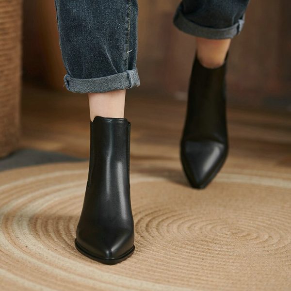 Vanessa's Pointed Toe Square Heel Autumn Winter Women Shoes Genuine Leather Fashion Platform Slip On Ankle Boots