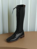 Vanessa's Women Knee High Boots Round Toe Med Heel Genuine Leather Lace-Up Boots
