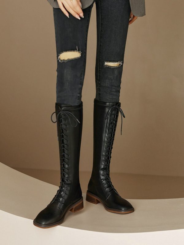 Vanessa's Women Knee High Boots Round Toe Med Heel Genuine Leather Lace-Up Boots