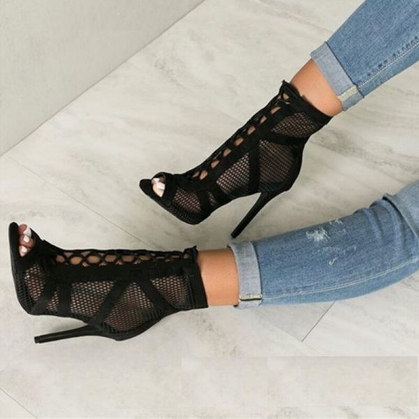 Vanessas Summer Roma Style Mesh Ankle Boots with Peep Toe and Lace-Up Cross-Tie Strap for Women's High Heel Dance Shoes