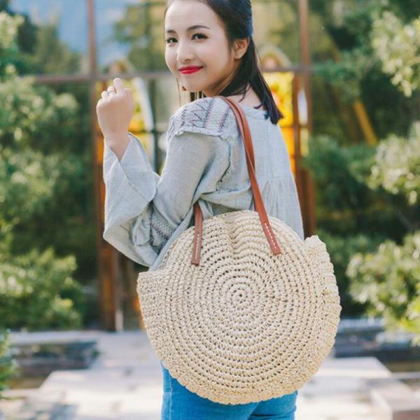 Round Straw Beach Bag Vintage Handmade Woven Shoulder Bag