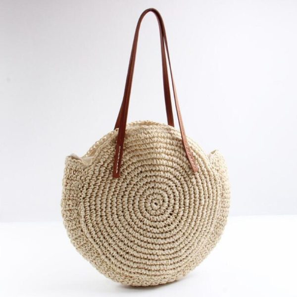 Round Straw Beach Bag Vintage Handmade Woven Shoulder Bag