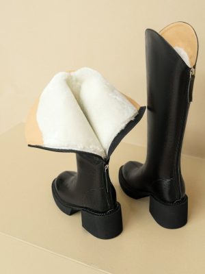 Vanessa's Women Knee High Boots Winter Designer Wool Warm Genuine Leather Motorcycle Boots