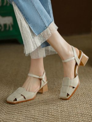 Vanessas Genuine Leather Casual Sandals Square Med Heel