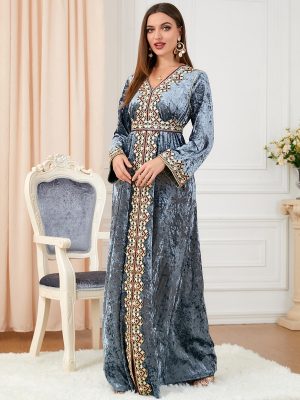 Women's Floral Embroidered Velvet Abaya Dress with Long Sleeves and Belt for Party Wear