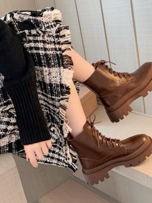 Vanessa's Women Ankle Boots Winter Fashion Cross-Tied Genuine Leather Thick Heels Boots