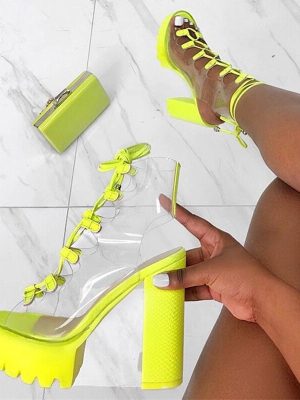 Vanessas Green PVC Platform Boots for Women - Strappy Chunky Heels Peep Toe Shoes