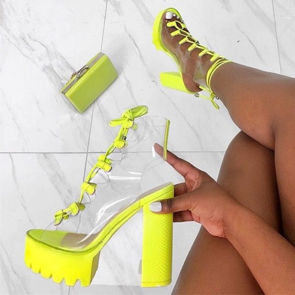 Vanessas Green PVC Platform Boots for Women - Strappy Chunky Heels Peep Toe Shoes