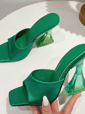 Vanessas Comfortable PU Leather Slides Sandals Pumps with Silky Wide Band and Transparent Strange High Heels for Summer Women's Heels