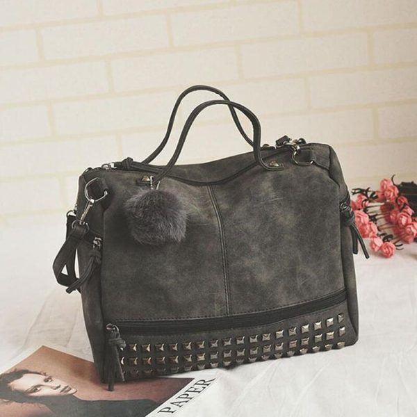 Vintage Nubuck Leather Female Top-handle Bags Rivet Larger Women Bags Hair Ball Shoulder Bag