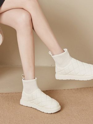 Vanessas Woman Short Boots Ladies Round Head Rhomboid Knitting Flat Soft Boots