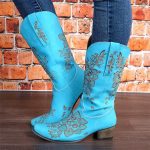 Women Knee High Boots Winter Autumn Pointed Toe Embroidery Mid Heels Boots