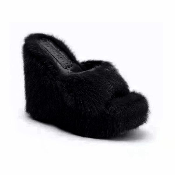 Women Slippers Furry Open-toe Wedges High Heels