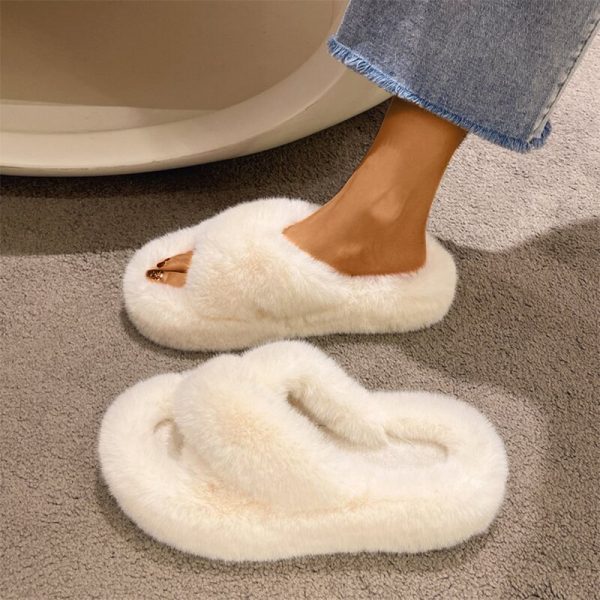 Fuzzy Warm Women's Home Slippers with Flat Platform and Open Toe