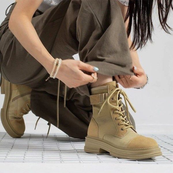Women's Breathable Canvas Ankle Boots with Thick Sole - Autumn Winter Flat Platform British Style Ankle Boots for Ladies