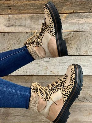 Women's Ankle Boots Leopard Lace-up Thick Bottom Knitted Ladies Short Boots New Fashion Female Sneakers Shoes Autumn Winter