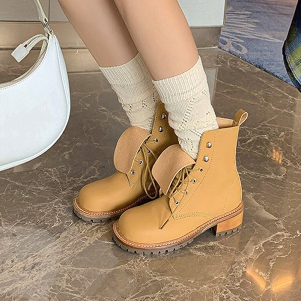 PU Lace-Up Women's Ankle Boots - Autumn Flat Platform Short Boot - Leisure Fashion Classic Female Footwear