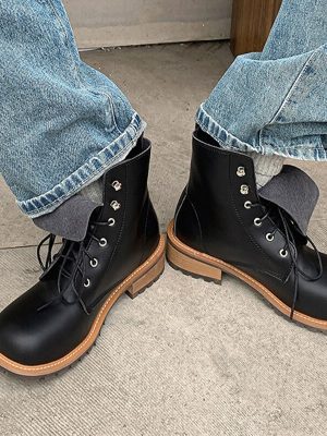 PU Lace-Up Women's Ankle Boots - Autumn Flat Platform Short Boot - Leisure Fashion Classic Female Footwear