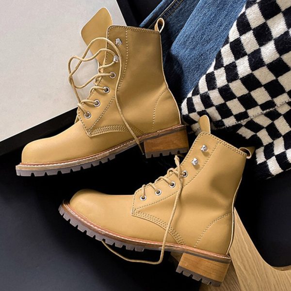 PU Lace-Up Women's Ankle Boots - Autumn Flat Platform Short Boot - Leisure Fashion Classic Female Footwear