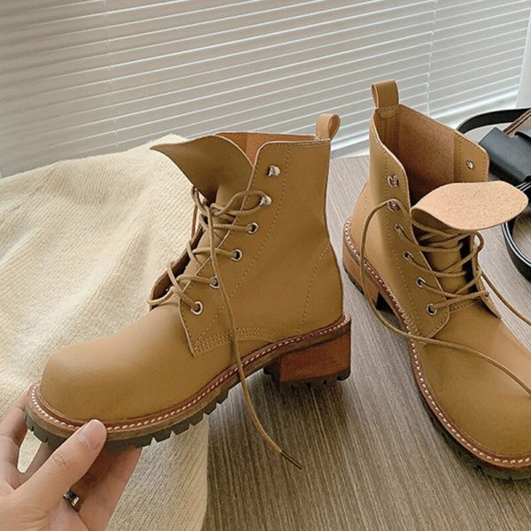 PU Lace-Up Women's Ankle Boots - Autumn Flat Platform Short Boot - Leisure Fashion Classic Female Footwear