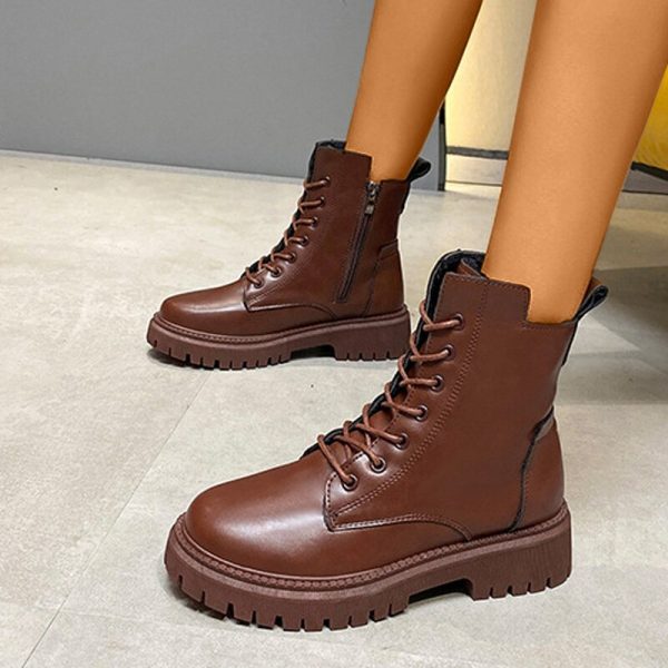 Vanessas Women's Ankle Boots PU Lace Up Zip Platform Ladies Short Boots