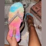 Women's Flip Flops Slippers Furry Rhinestone Comfortable Ladies Slippers