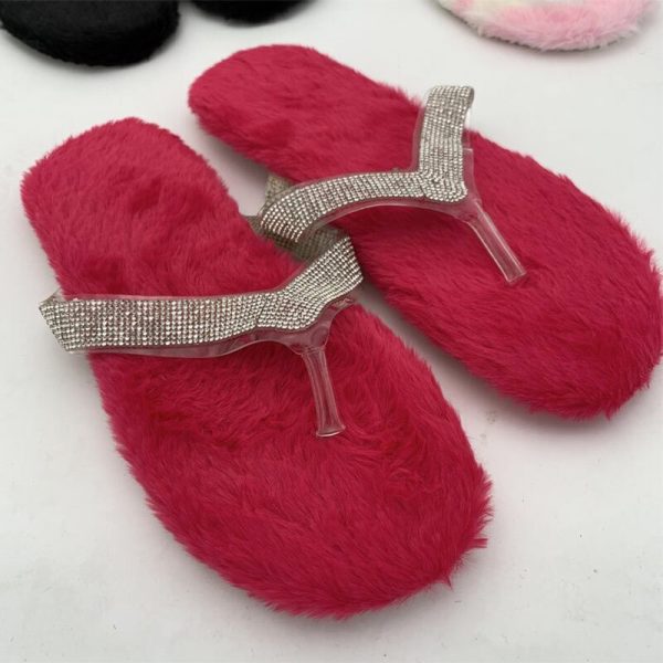 Women's Flip Flops Slippers Furry Rhinestone Comfortable Ladies Slippers