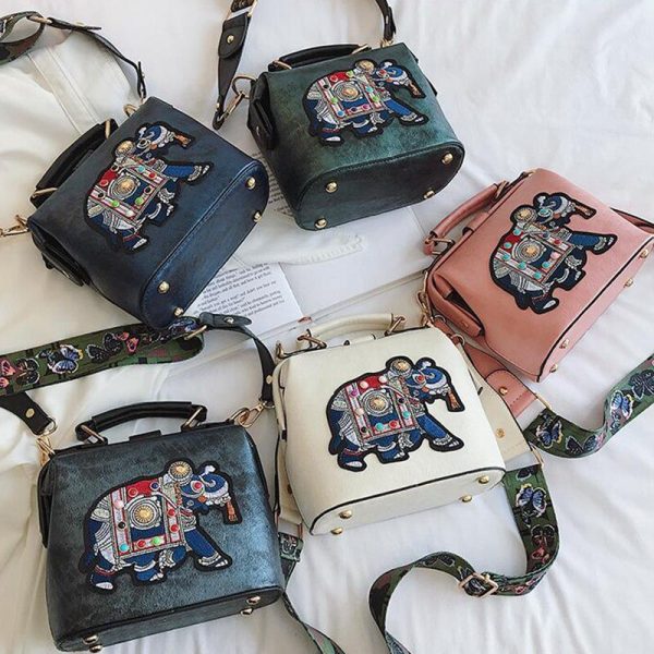 Women's Handbags Purses Vintage Embroidery Elephant Bag Wide Butterfly Strap PU Leather Women Shoulder Crossbody Bag