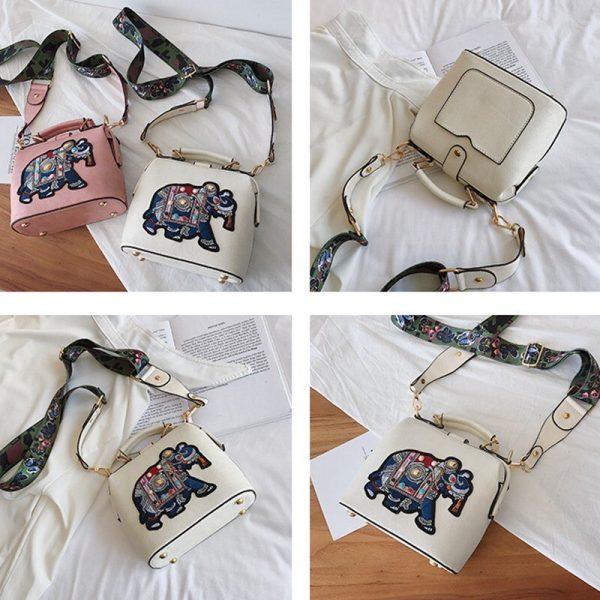 Women's Handbags Purses Vintage Embroidery Elephant Bag Wide Butterfly Strap PU Leather Women Shoulder Crossbody Bag