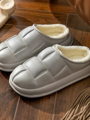 Winter Warm PU Leather Furry Slippers for Women & Men - Anti-Slip Couple Shoes with Flat Platform