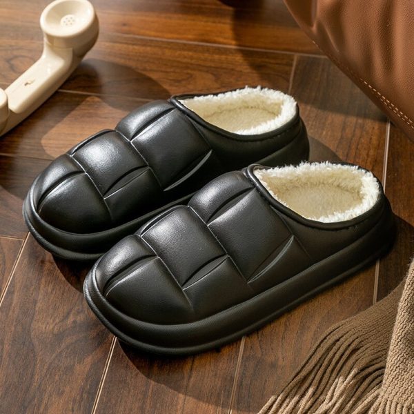 Winter Warm PU Leather Furry Slippers for Women & Men - Anti-Slip Couple Shoes with Flat Platform