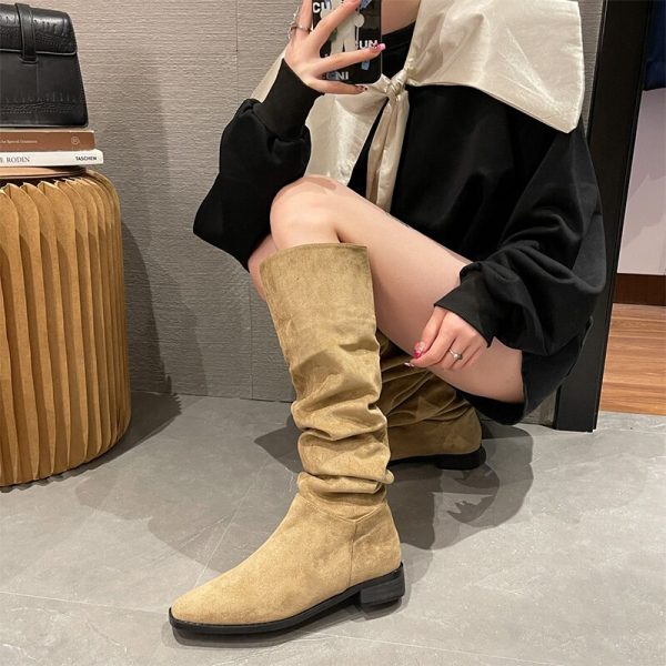 Women's Square Toe Flock Knee High Boots - Slip On No-Slip Flat Platform Casual Fashion Shoes for Ladies