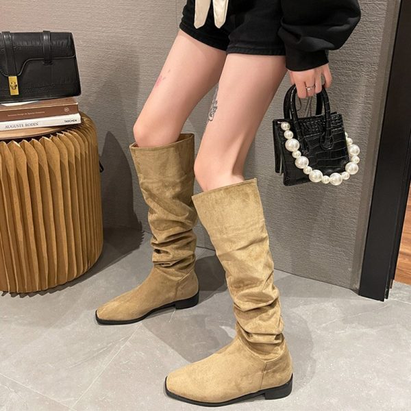 Women's Square Toe Flock Knee High Boots - Slip On No-Slip Flat Platform Casual Fashion Shoes for Ladies