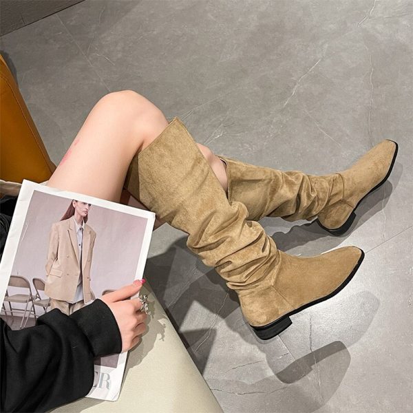 Women's Square Toe Flock Knee High Boots - Slip On No-Slip Flat Platform Casual Fashion Shoes for Ladies