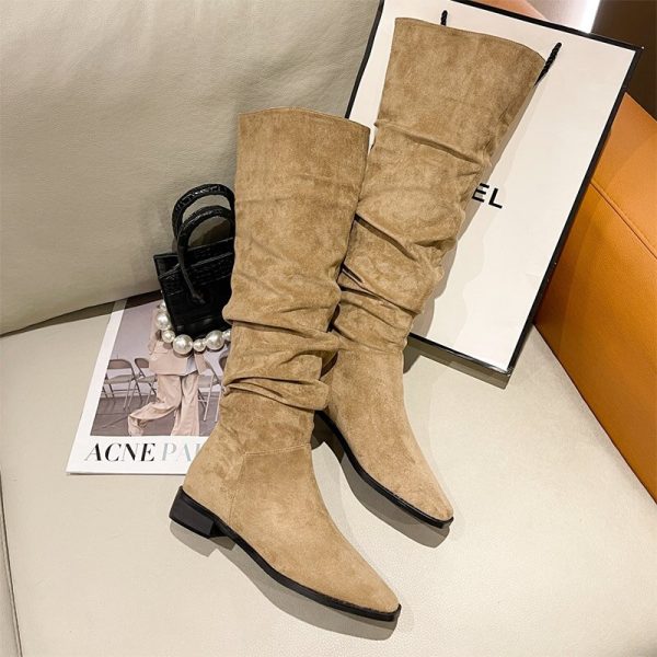 Women's Square Toe Flock Knee High Boots - Slip On No-Slip Flat Platform Casual Fashion Shoes for Ladies