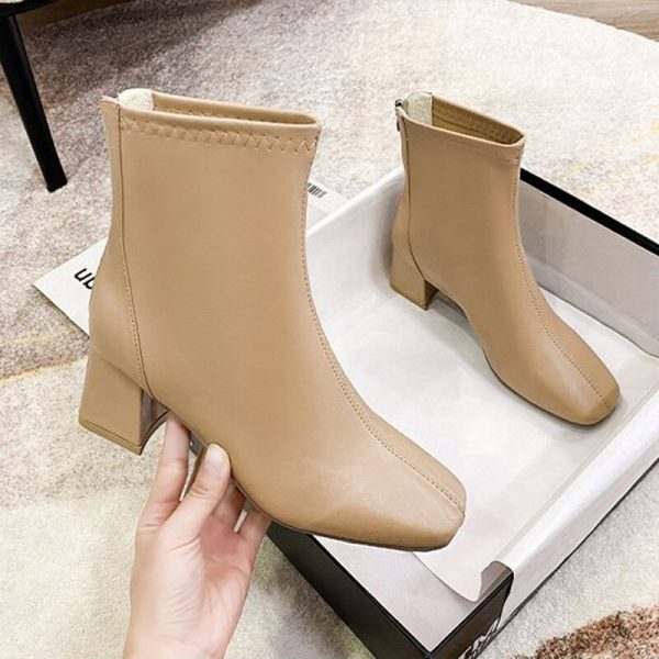 Women's Elegant PU Leather Block Heel Ankle Boots with Square Toe and Waterproof Feature