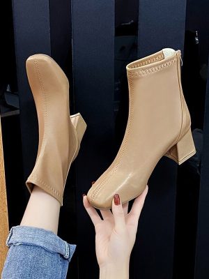 Women's Elegant PU Leather Block Heel Ankle Boots with Square Toe and Waterproof Feature