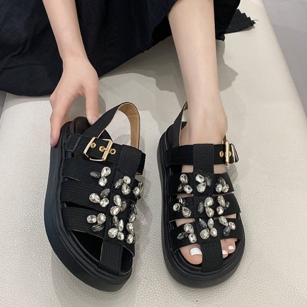 Women's Sandals Rhinestone Flat Canvas Ladies Shoes Buckle Strap Non-slip Sandals