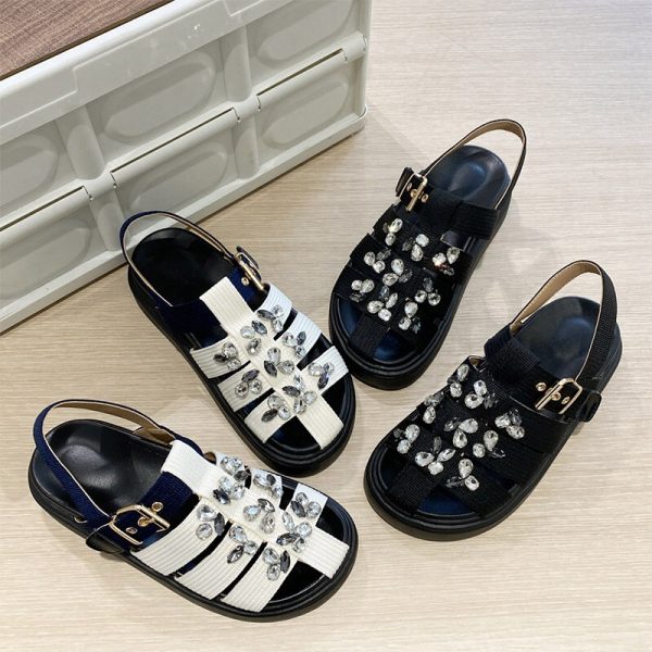 Women's Sandals Rhinestone Flat Canvas Ladies Shoes Buckle Strap Non-slip Sandals