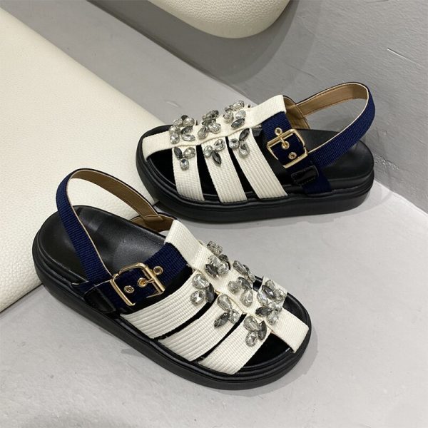 Women's Sandals Rhinestone Flat Canvas Ladies Shoes Buckle Strap Non-slip Sandals