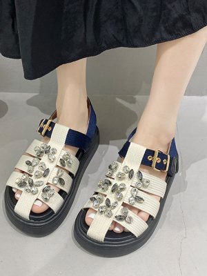 Women's Sandals Rhinestone Flat Canvas Ladies Shoes Buckle Strap Non-slip Sandals