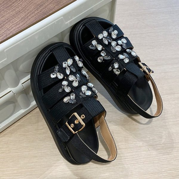 Women's Sandals Rhinestone Flat Canvas Ladies Shoes Buckle Strap Non-slip Sandals