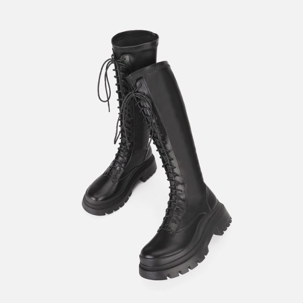 Vanessas Thigh High Boots PU Lace Up Flat Knee High Boot