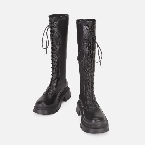 Vanessas Thigh High Boots PU Lace Up Flat Knee High Boot