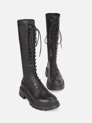 Vanessas Thigh High Boots PU Lace Up Flat Knee High Boot